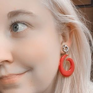 Vintage Clip On Earrings Red & Gold Swirls Funky Chunky plastic